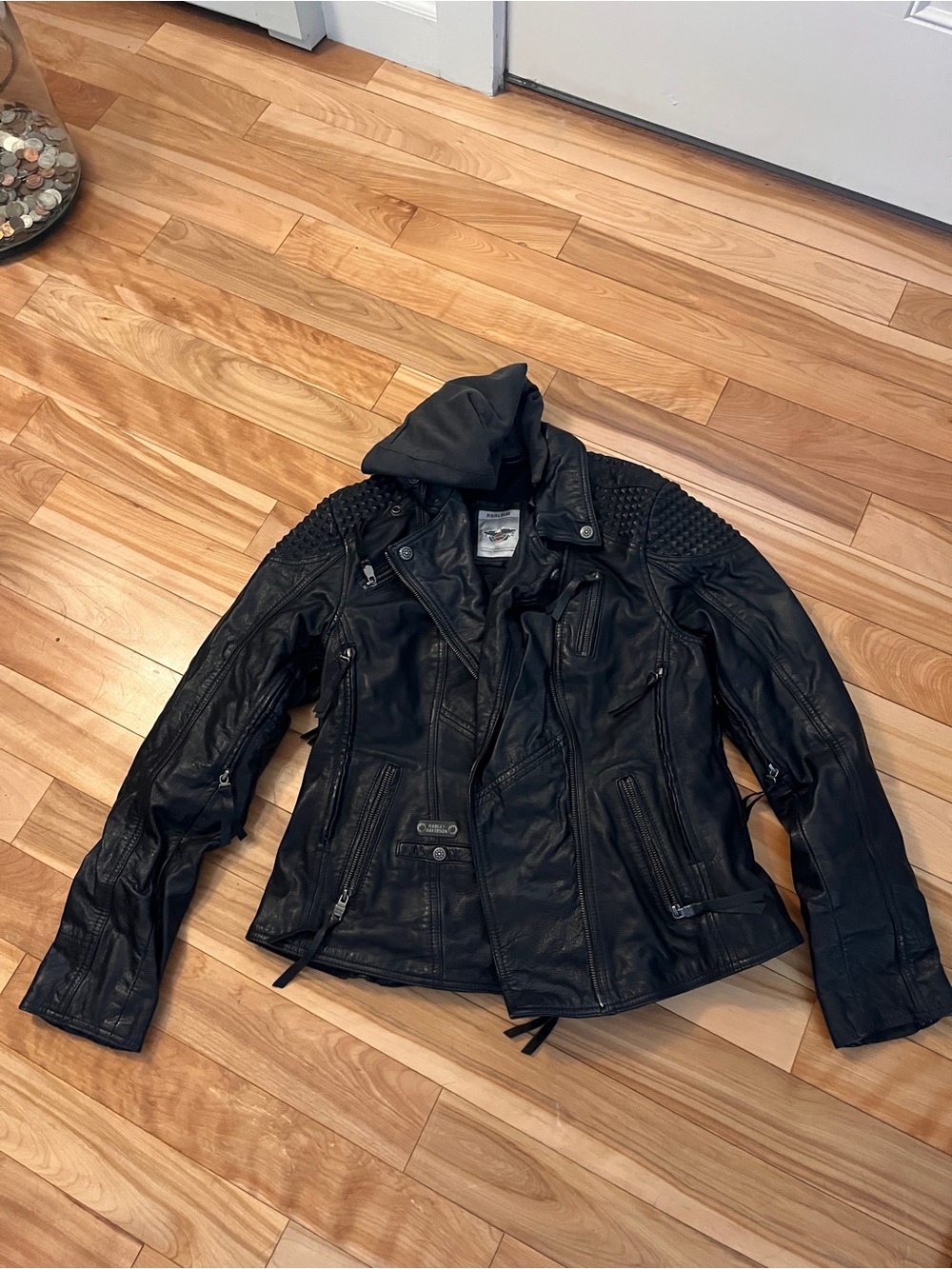 Harley Davidson Women's Black Leather Moto Jacket with Hood